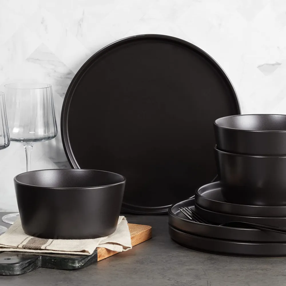 Stone Lain Coupe Dinnerware Set, Service For 8, Black Matte