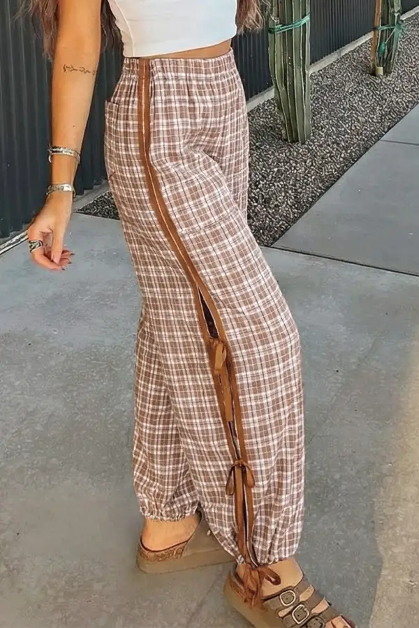 Plaid Elastic Waist High Waist Bow Pants