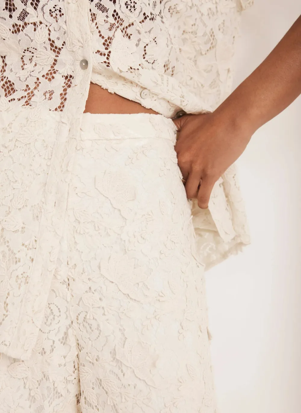 Casual Style Cream Lace Wide Trousers