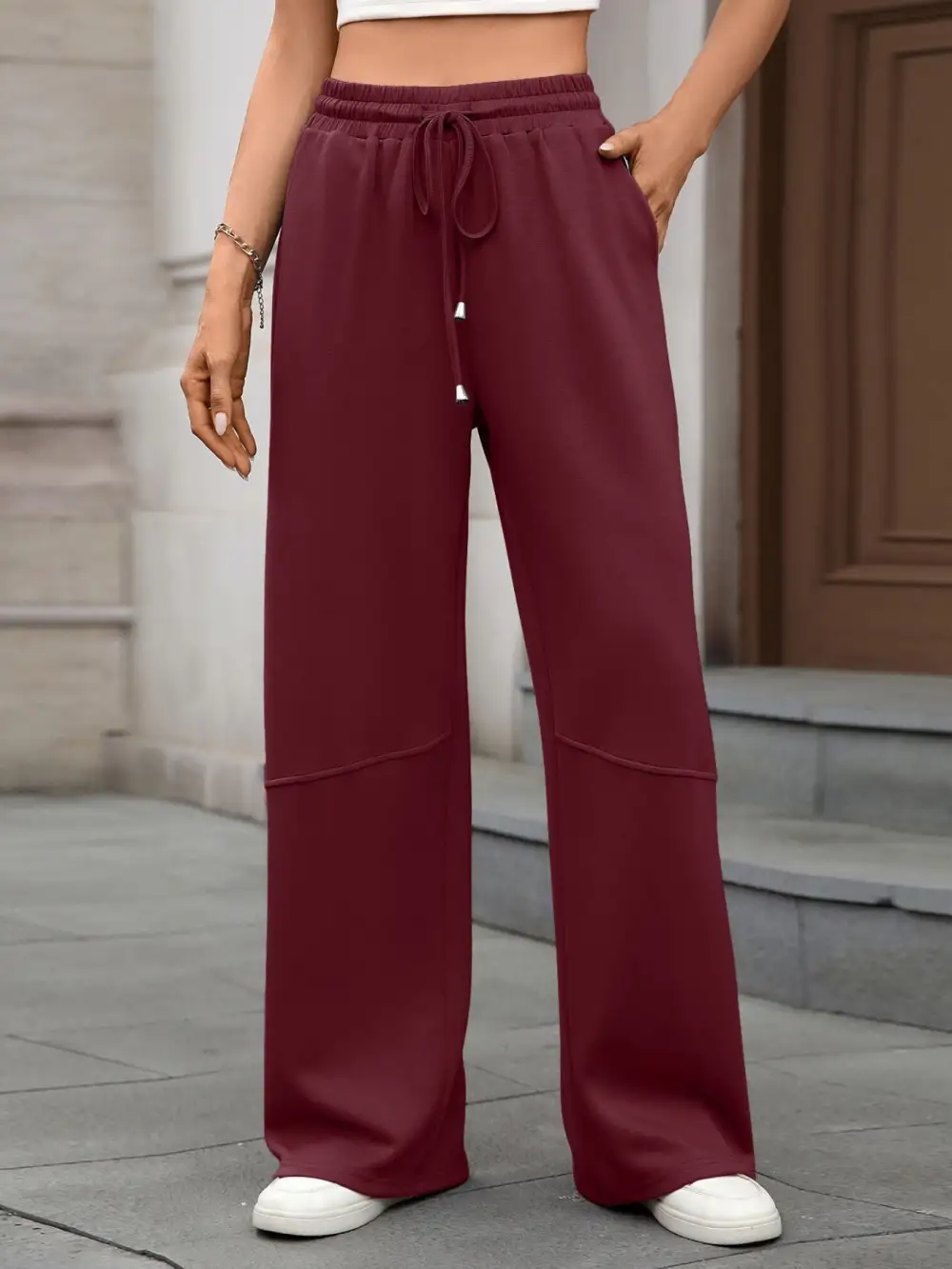 Drawstring High Waist Wide Leg Casual Pants