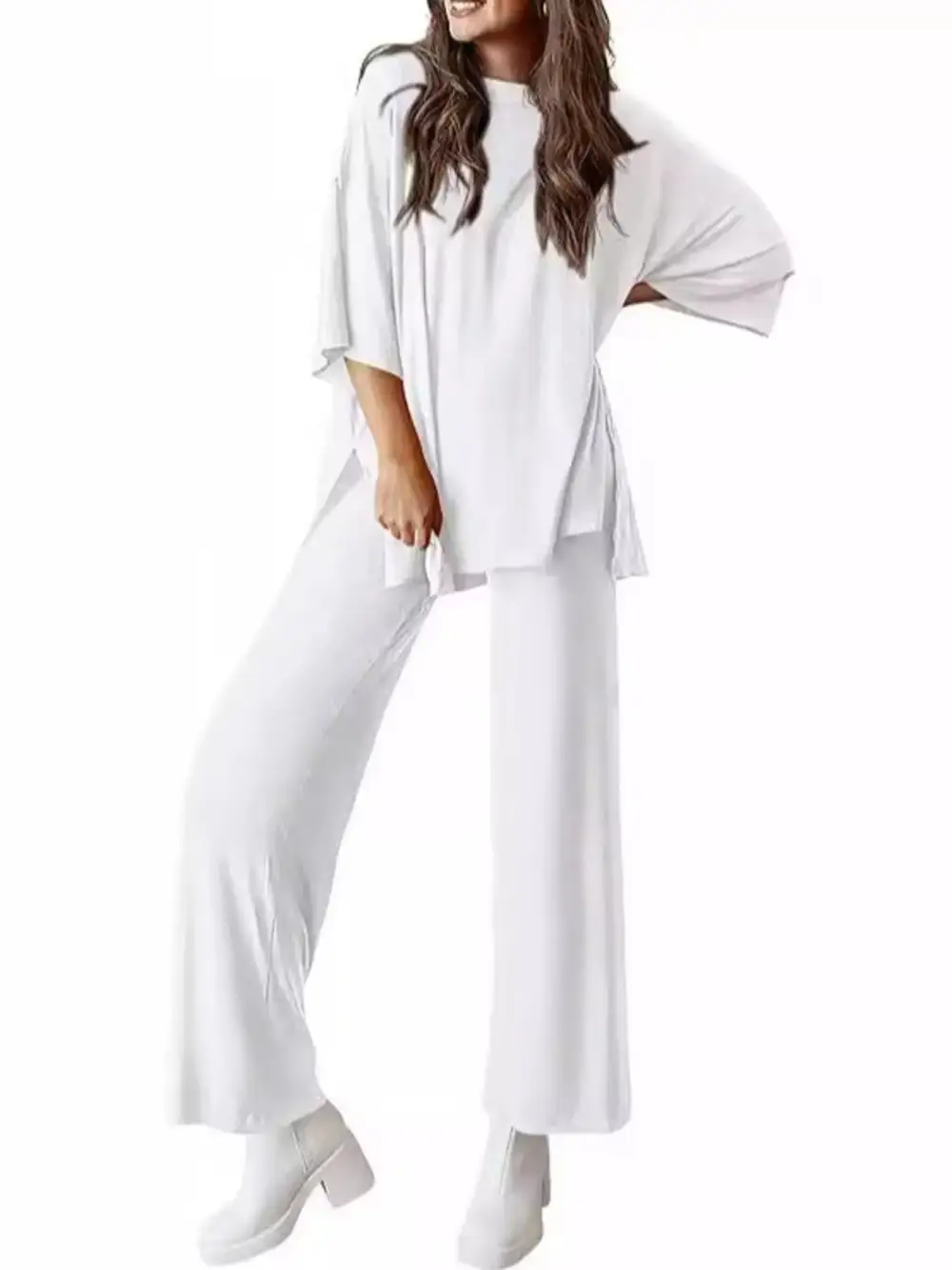 Relaxed Fit Round Neck Top and Pants Two Piece Set