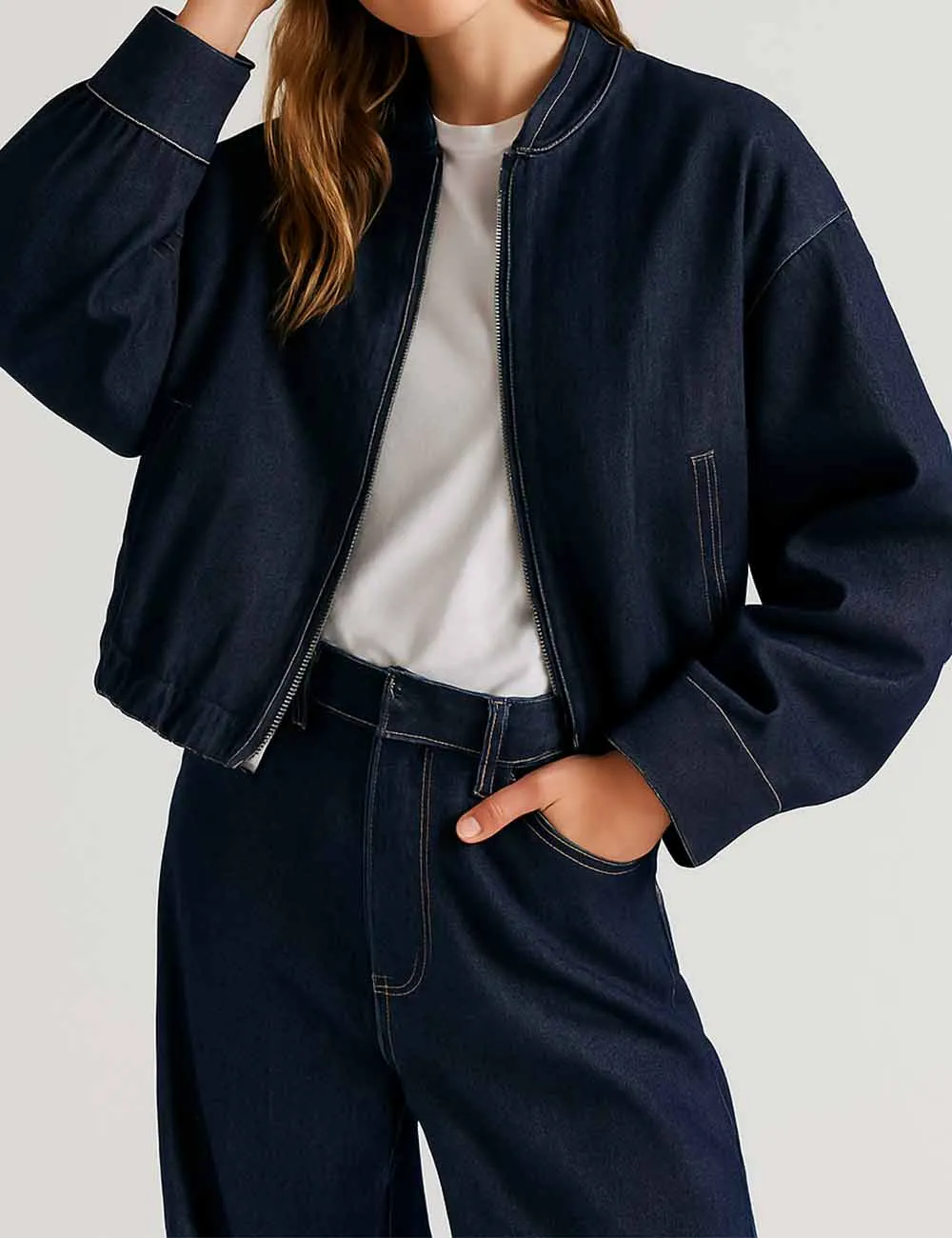 Baseball Collar Topstitching Denim Bomber Jacket