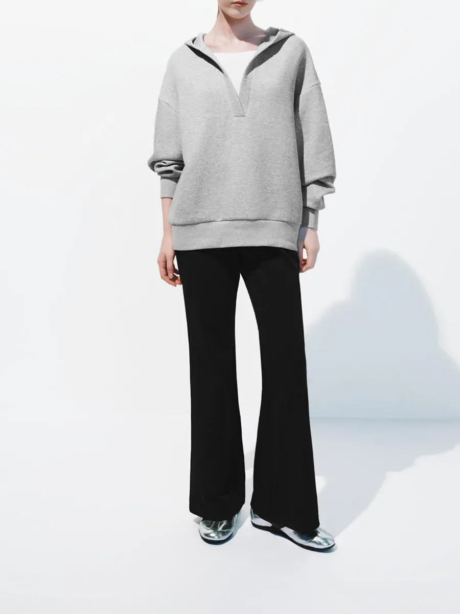 Lady's Grey Casual V-Neck Loose Hoodie