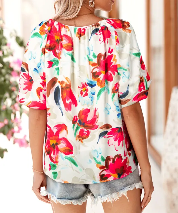 White Floral Print Puffy Half Sleeve Blouse
