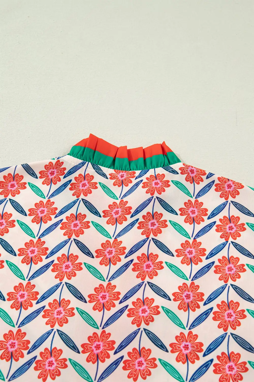 Red Floral Print Striped Detail V Neck Ruffled Short Sleeve Blouse