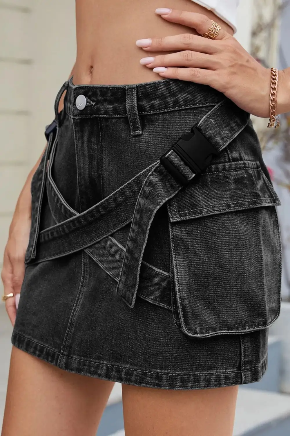 Criss Waist Detail Denim Skirt