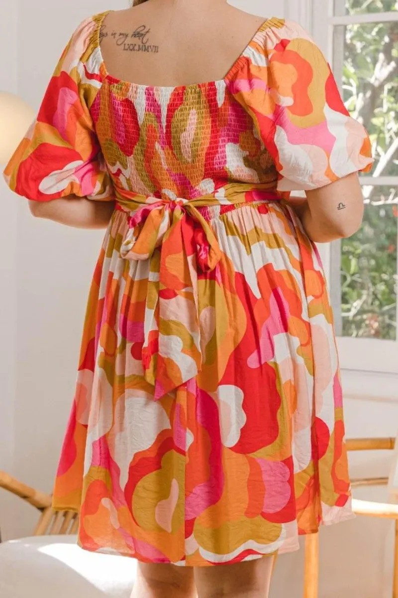 Printed Tied Back Short Sleeve Mini Dress