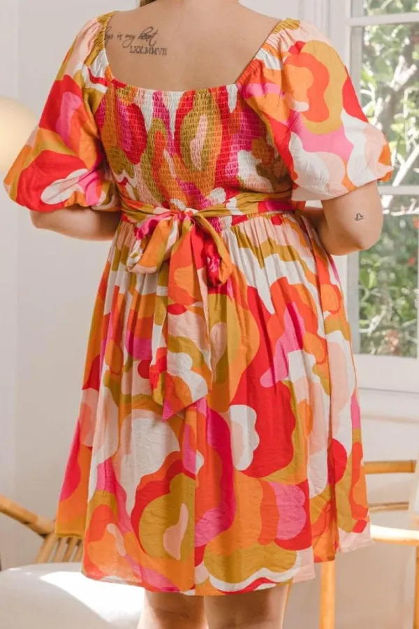 Printed Tied Back Short Sleeve Mini Dress