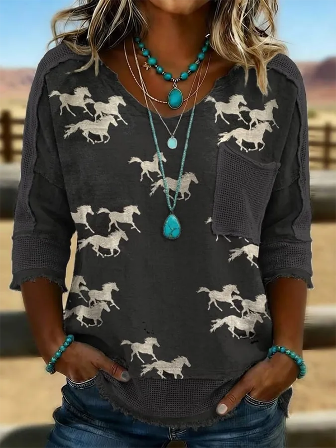 Vintage Horse Art Print Casual Hollow Patchwork Shirt