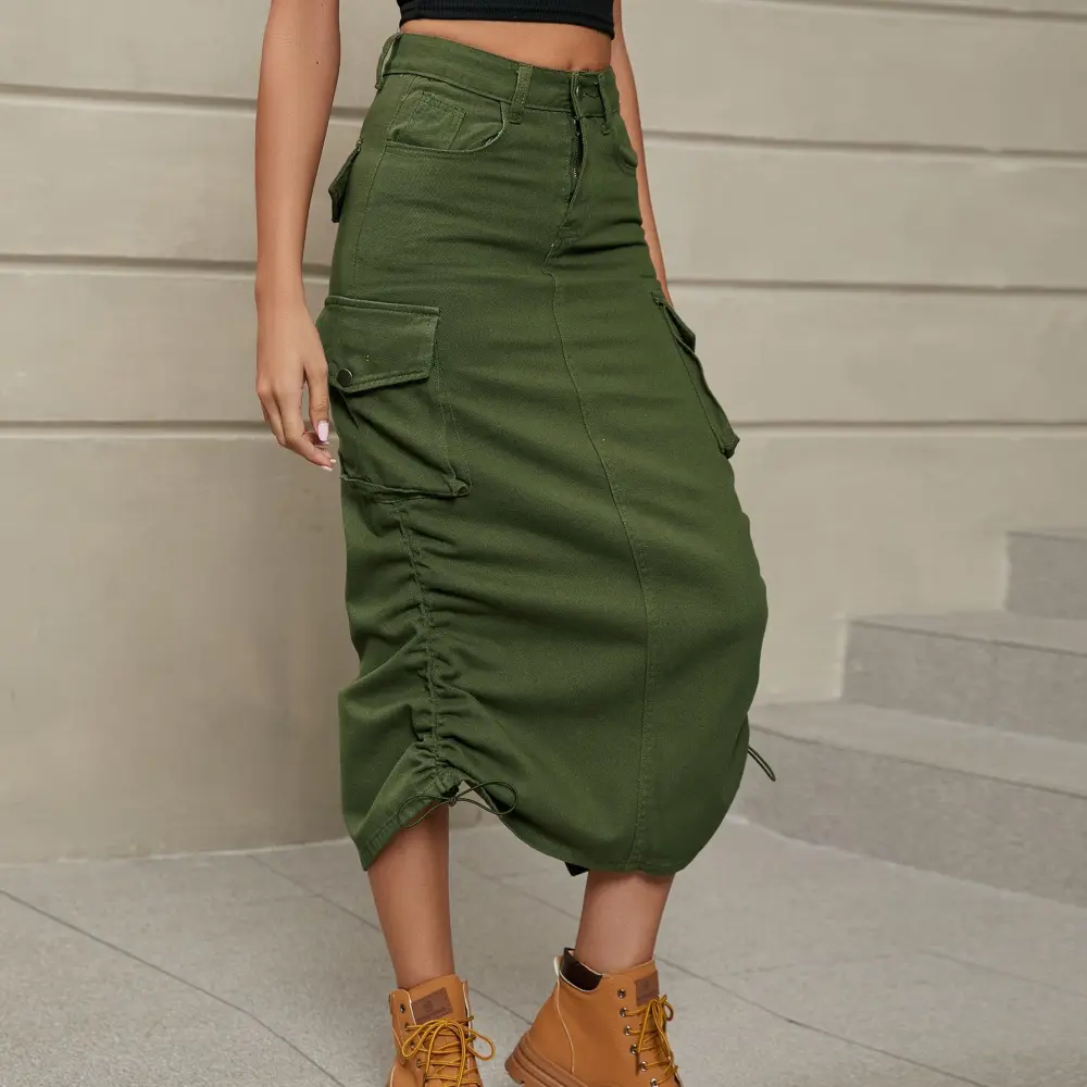 Drawstring Ruched Slit Midi Skirt