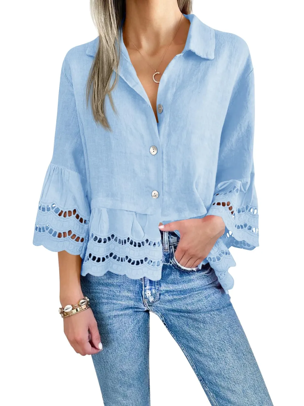 Women's Eyelet Lace Blouse Tops (Buy 2 Free Shipping）
