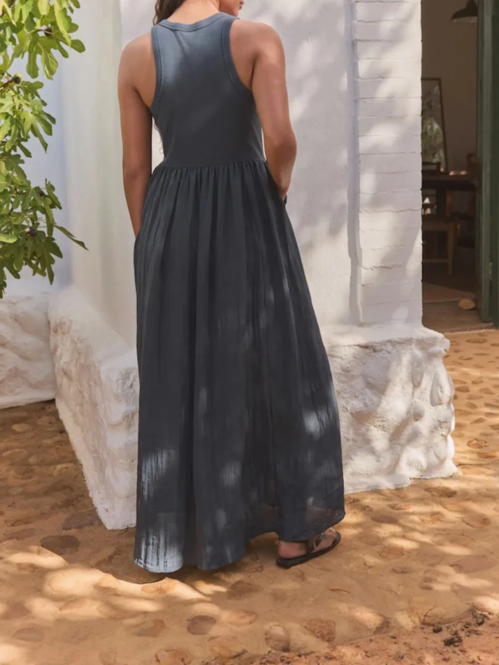 Classic Pure Color High-Waist Blended Dress