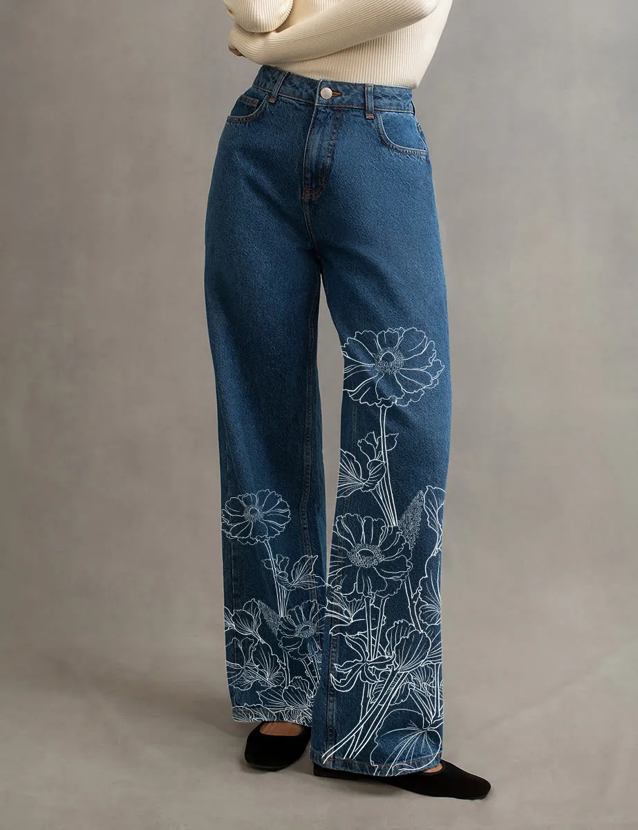 Mid Wash Blue Wide Leg Denim Jeans