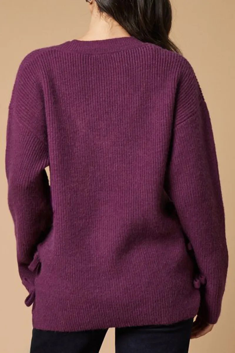 Casual Style Bow Side V Neck Sweaters