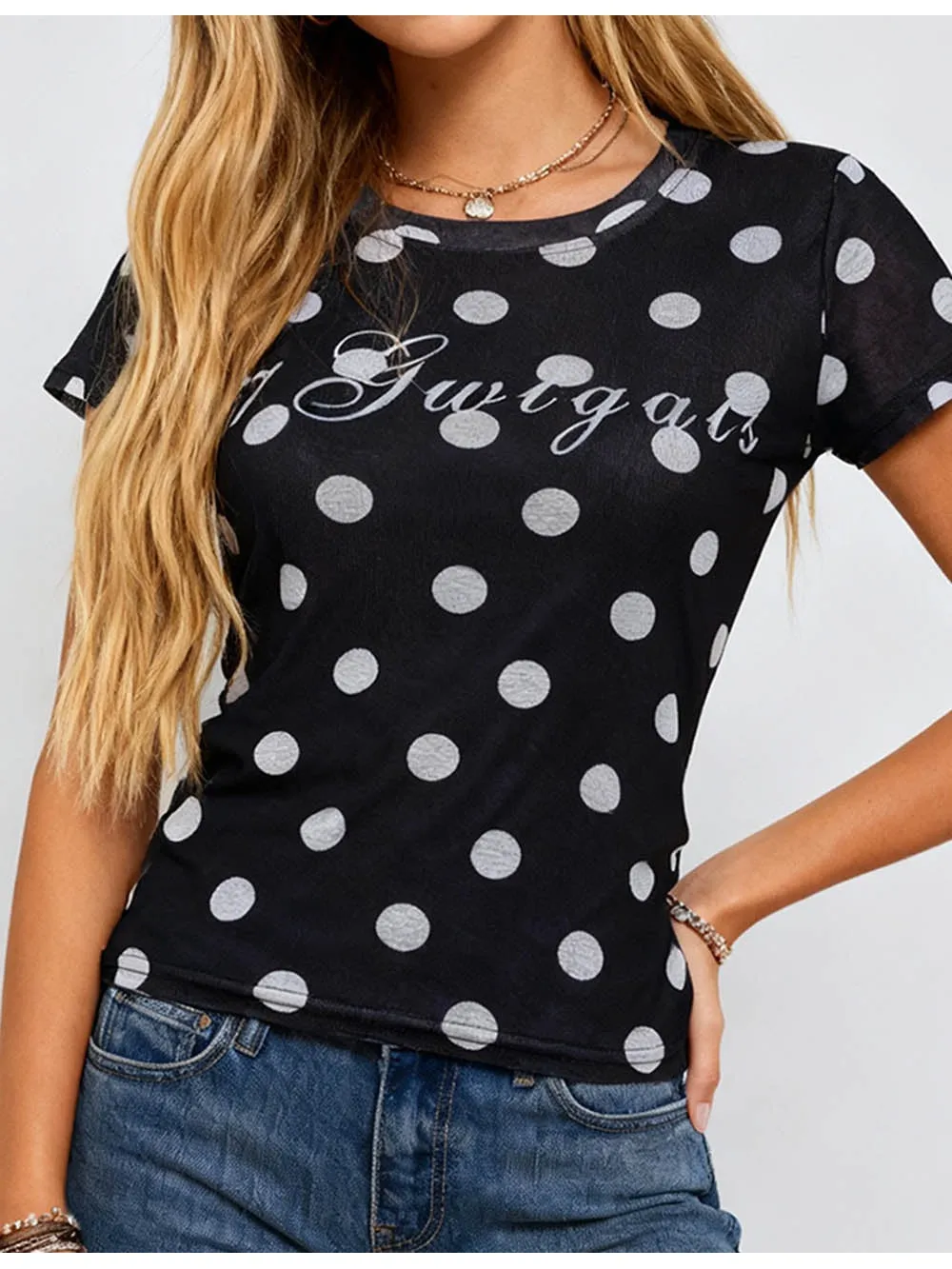 Chic Polka Dot Round Neck Short Sleeves Top
