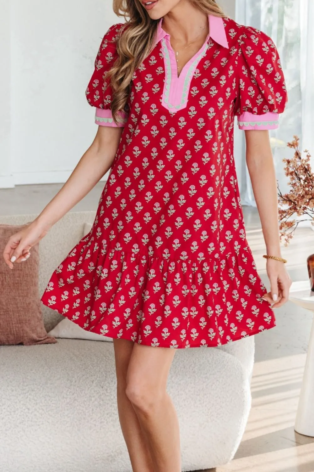 Polished Detail Floral Printed Ruffle Mini Dress
