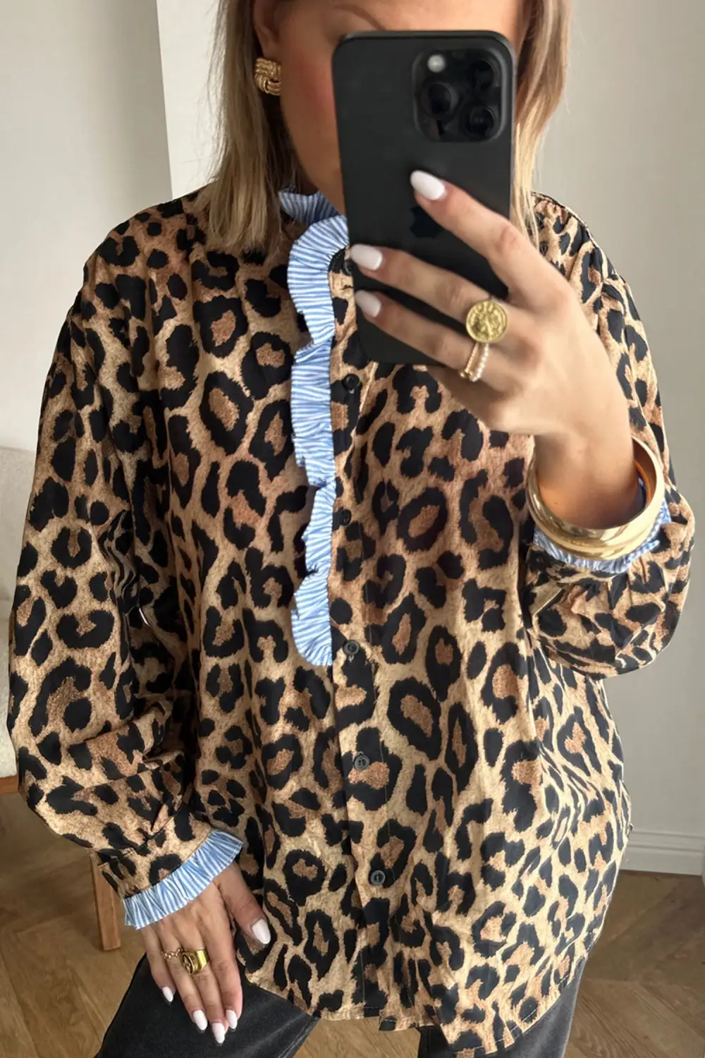 Striped Leopard Print Frilled Shirt Blouse