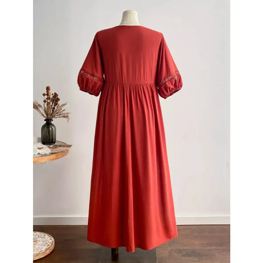 Plus Size Tie Neck Puff Sleeve Midi Dress with Lace Trim