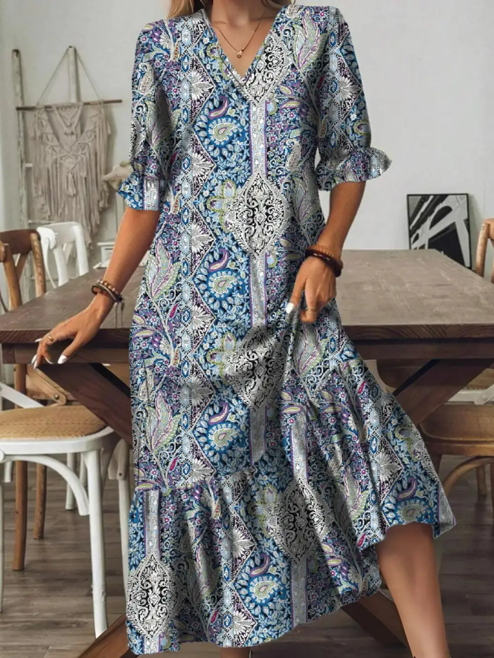 Wearable Cut Paisley Print V Neck Midi Dress