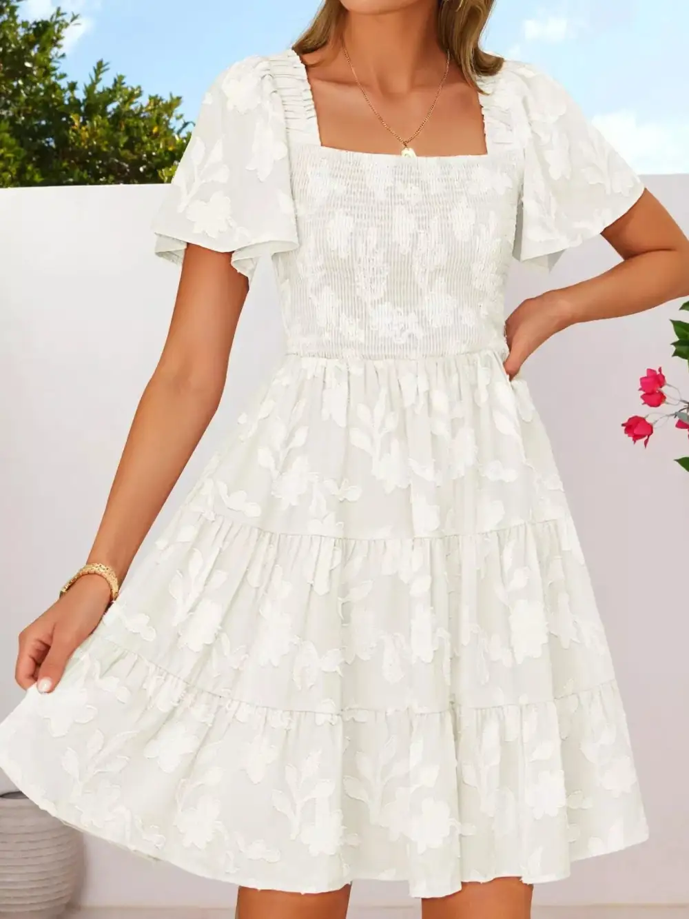Square Neck Tiered Smocked Mini Dress
