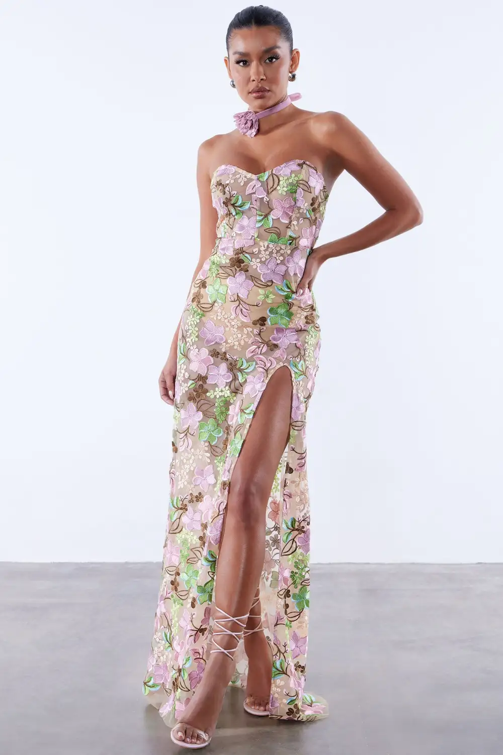 Tiana Floral Maxi Dress - Nude/combo