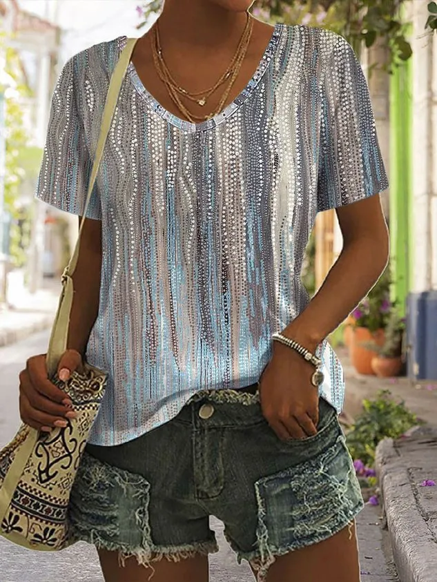 Summer Abstract Print Casual V Neck T-Shirt