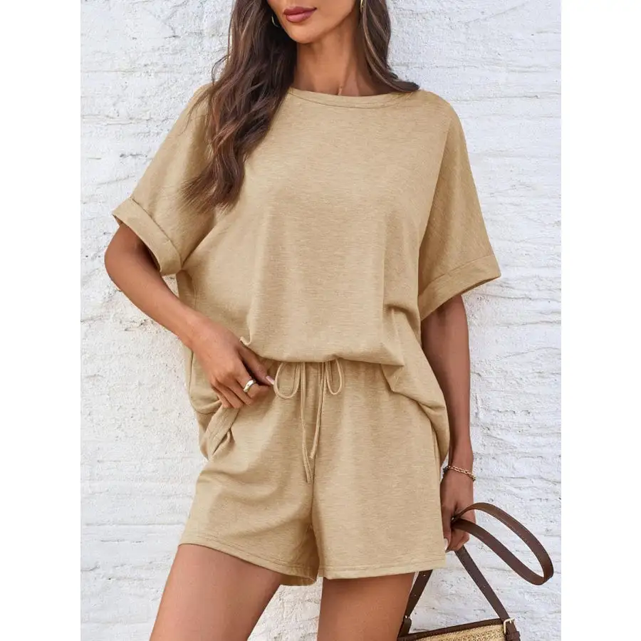 Round Neck T Shirt and Drawstring Shorts Set