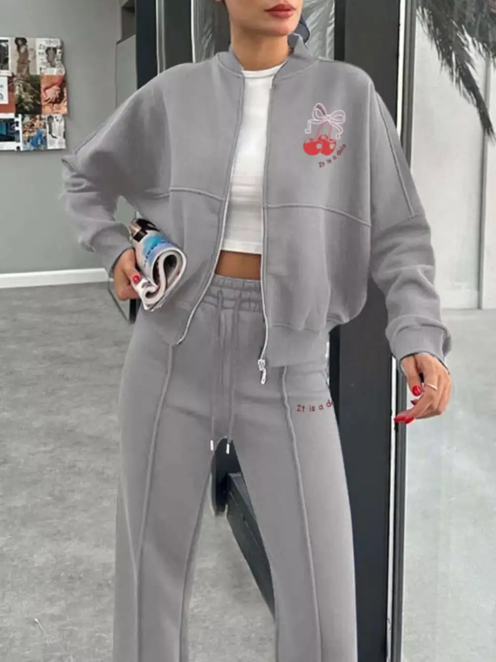 Zip Up Dropped Shoulder Outerwear and Pants Set