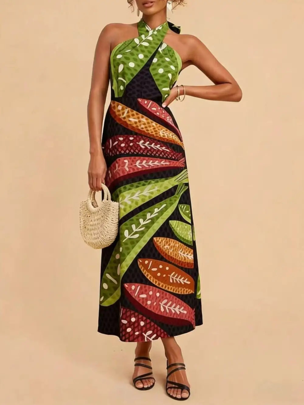Gathered Detail Printed Midi Dress