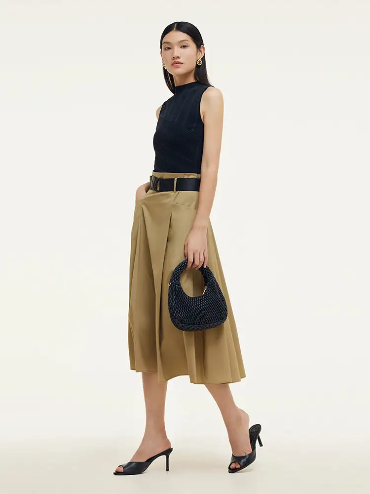 A-Line Women Pleated Midi Skirt With Belt