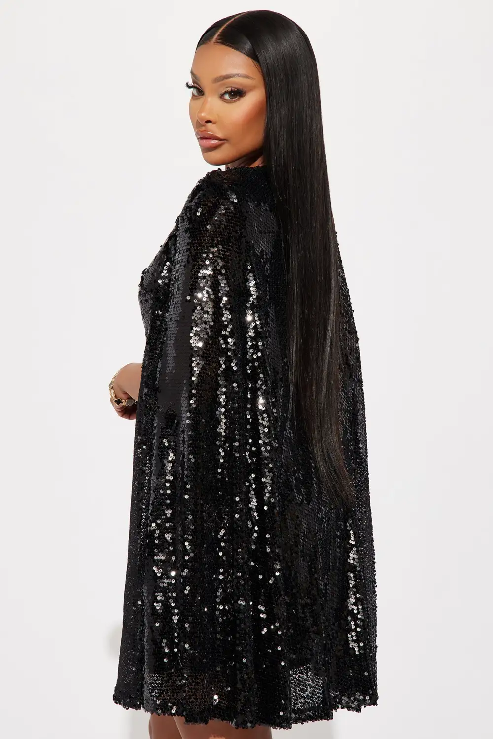 Cape Sequin Mini Dress - Black