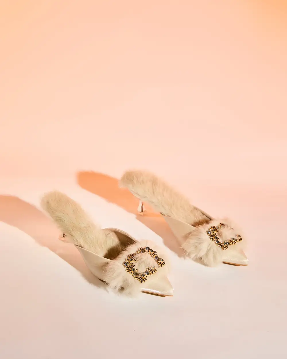 Faux Fur Satin Mules in Natural