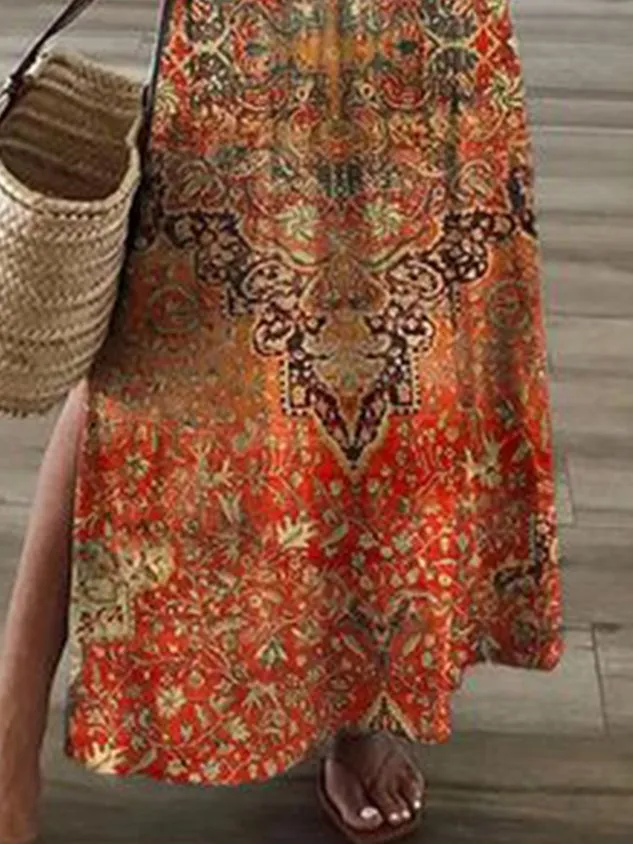 Vintage Ethnic V Neck Loose Dress