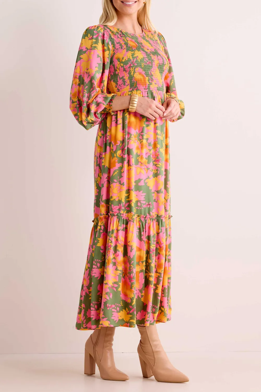 Multicolored Floral Print Tiered Maxi Dress