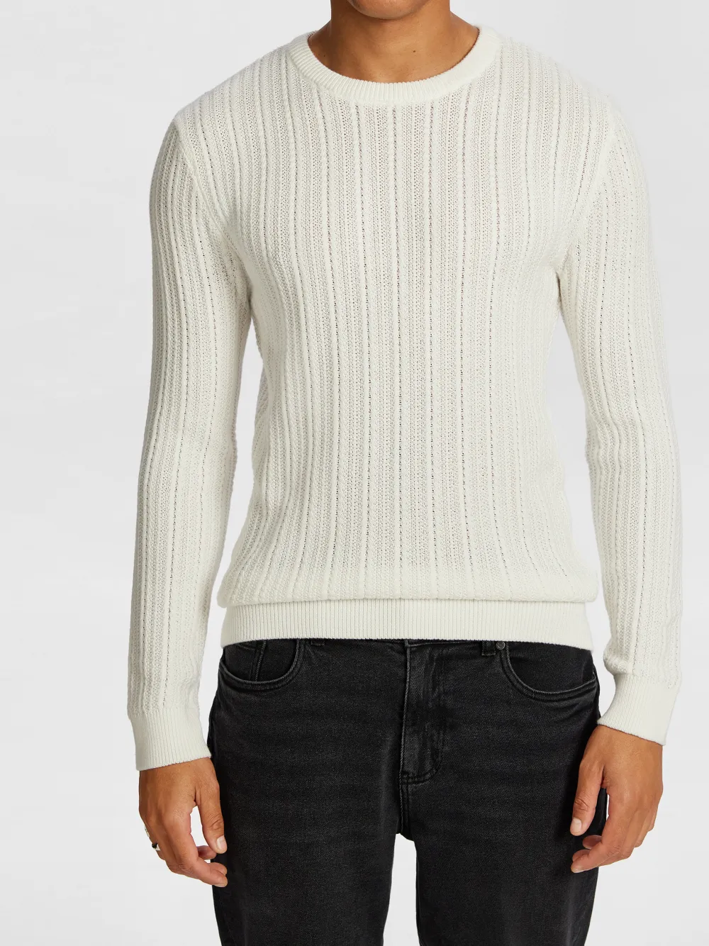 White Textured Knit Crew Neck Sweater