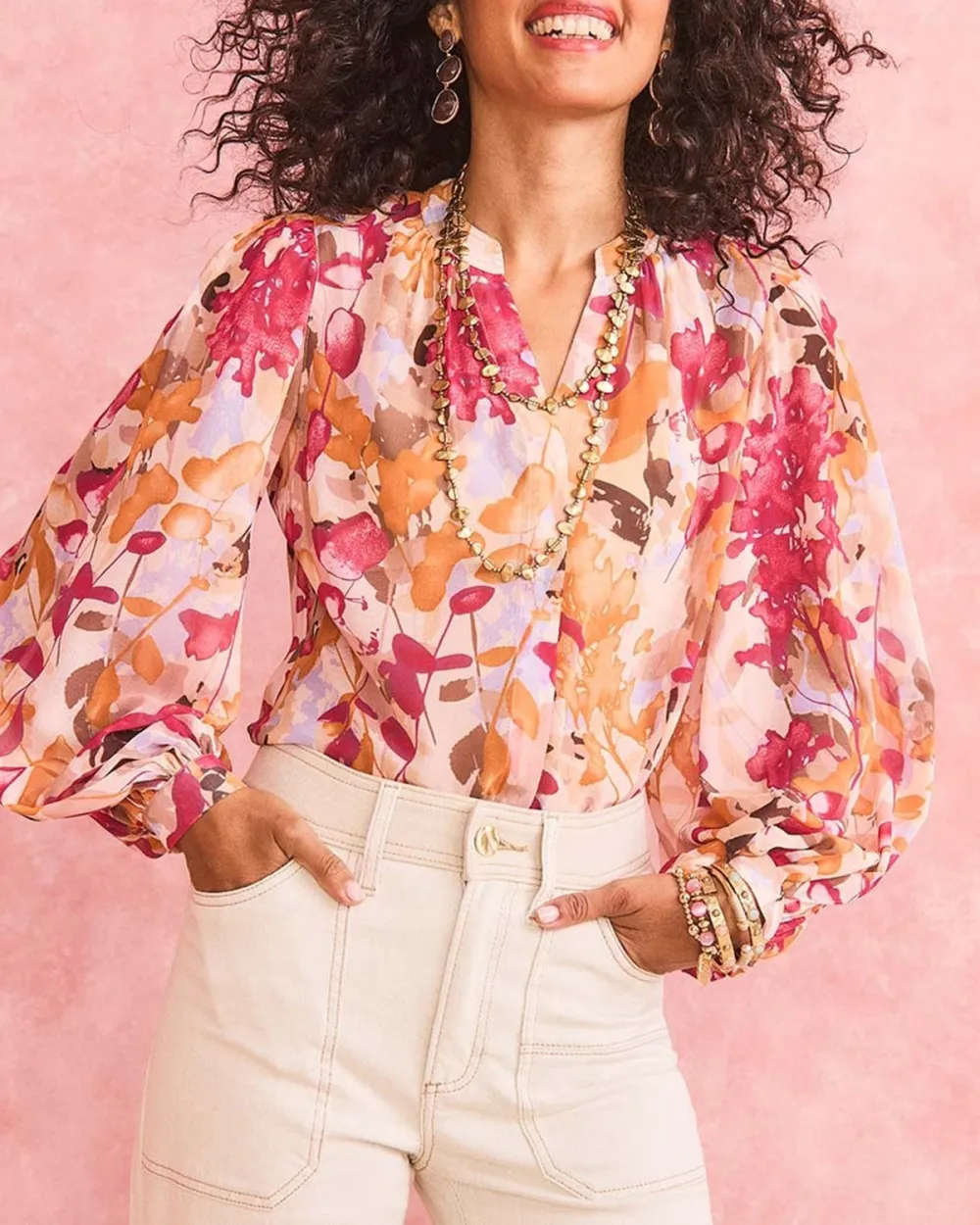 Multicolor Floral Print V-Neck Blouse