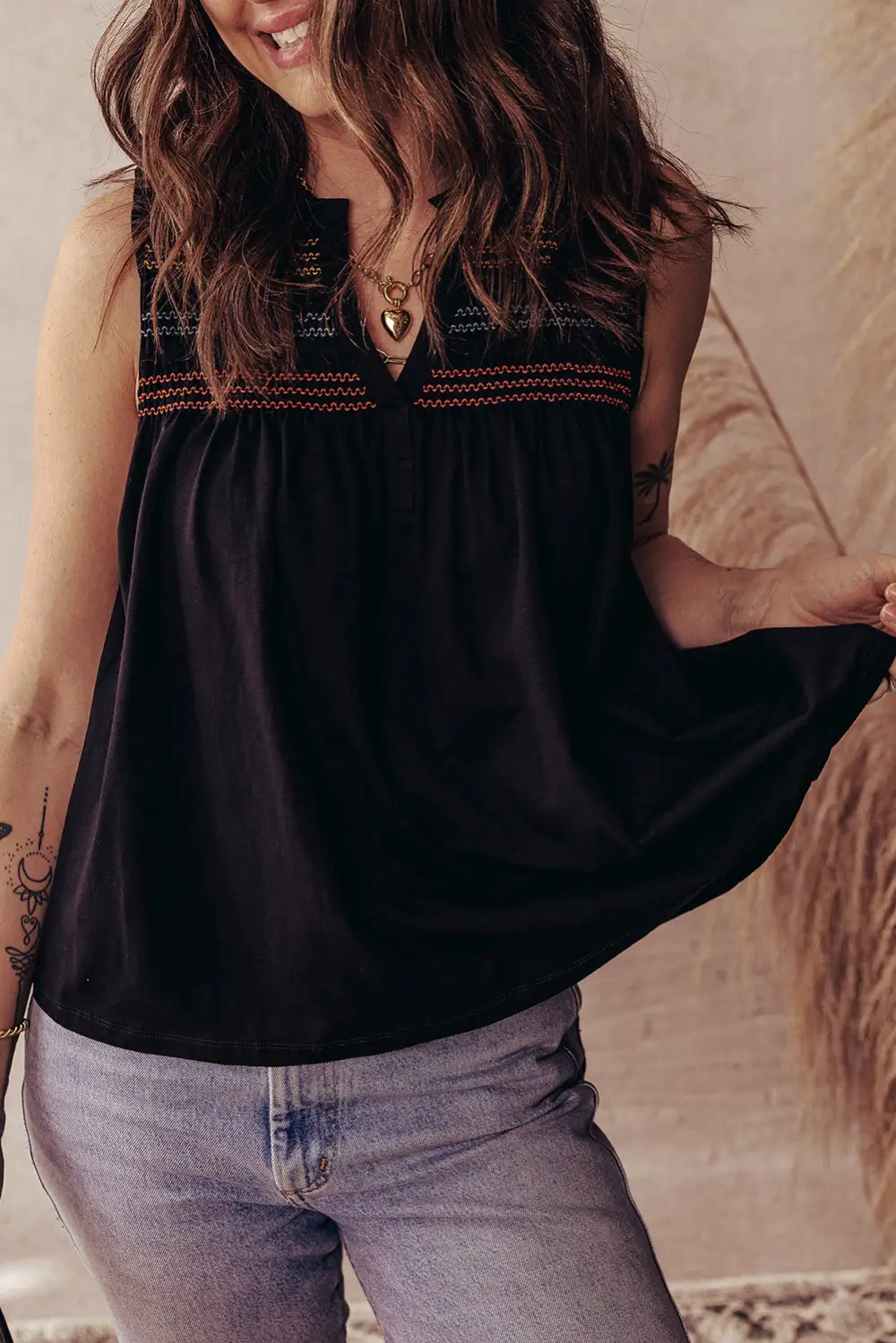 Shirred Yoke Notched V Neck Tank Top