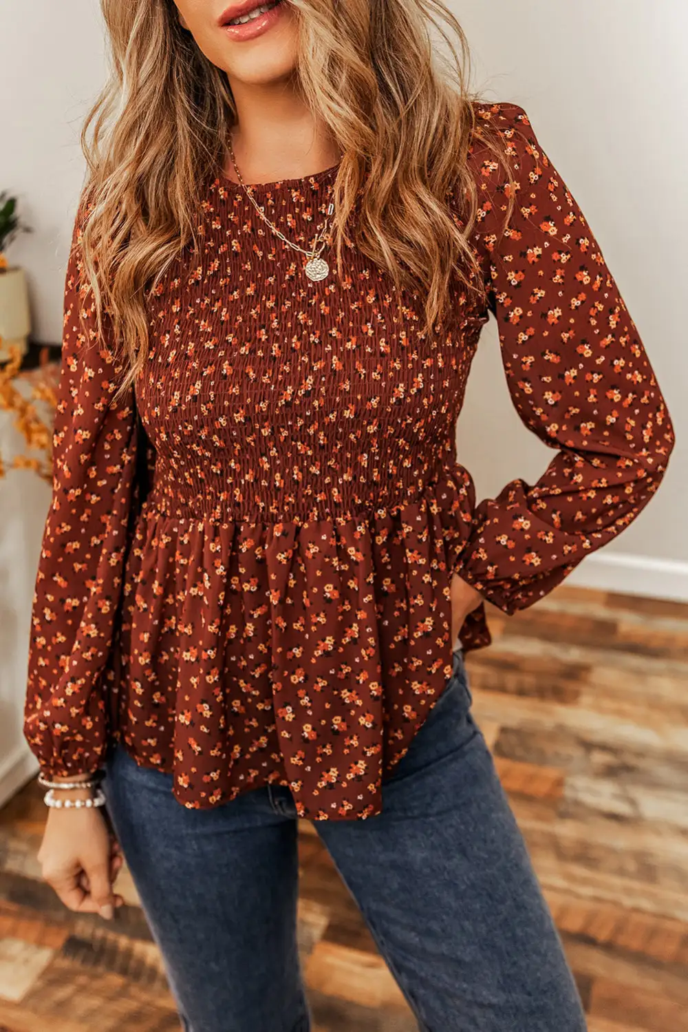 Everyday Floral Ruffled Smocked Blouse