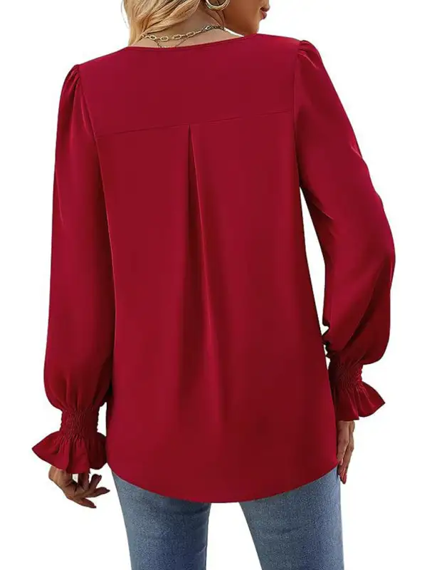 Pleated Chiffon V-Neck Blouse