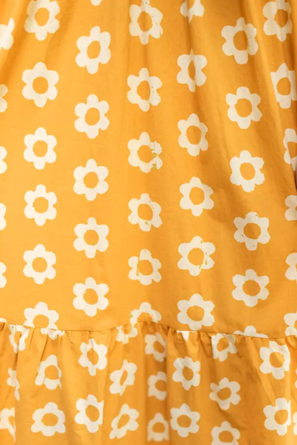 Yellow Floral Print Puff Sleeve Button Neck Dress