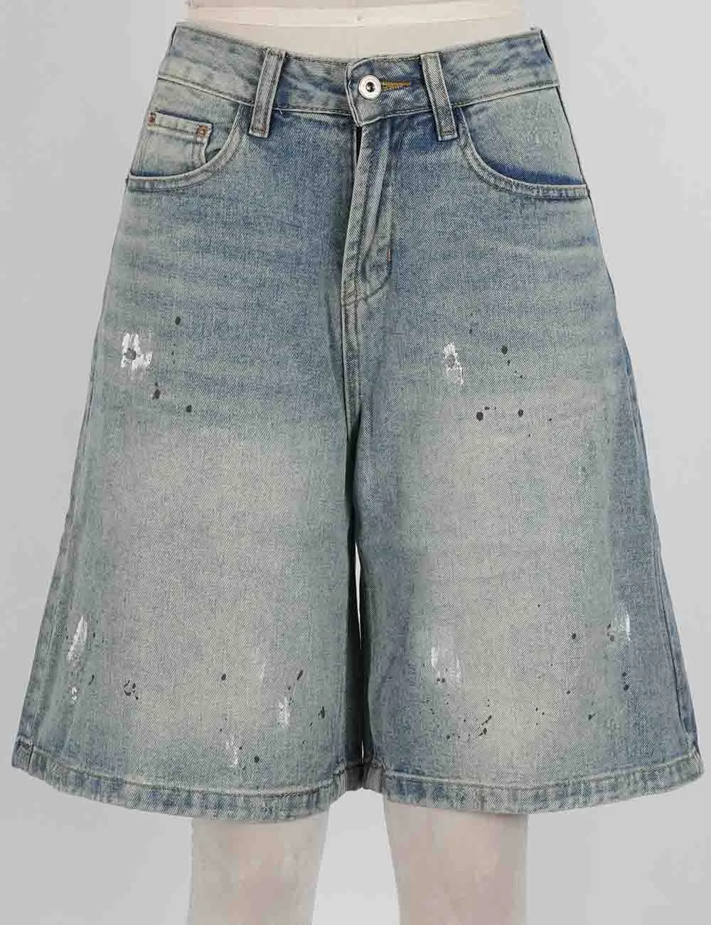 Distressed Wide Leg Denim Bermuda Shorts