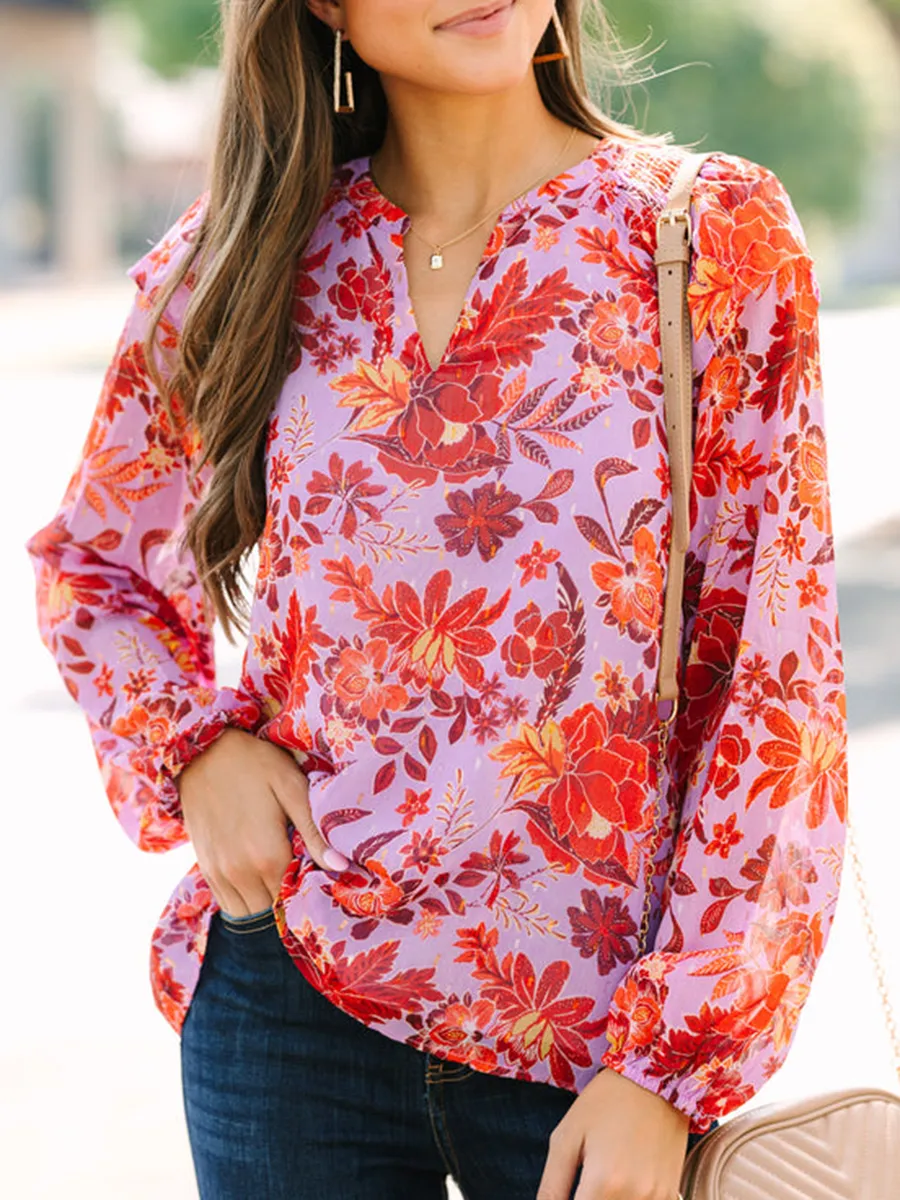 Women's Long Sleeve Floral V-Neck Shirt