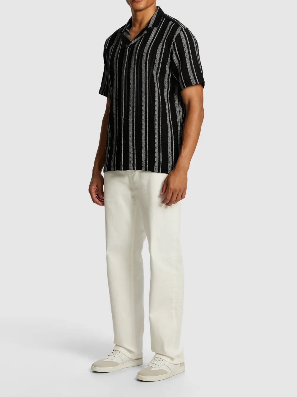 Black And Gray Striped Knit Short Sleeve Shirt