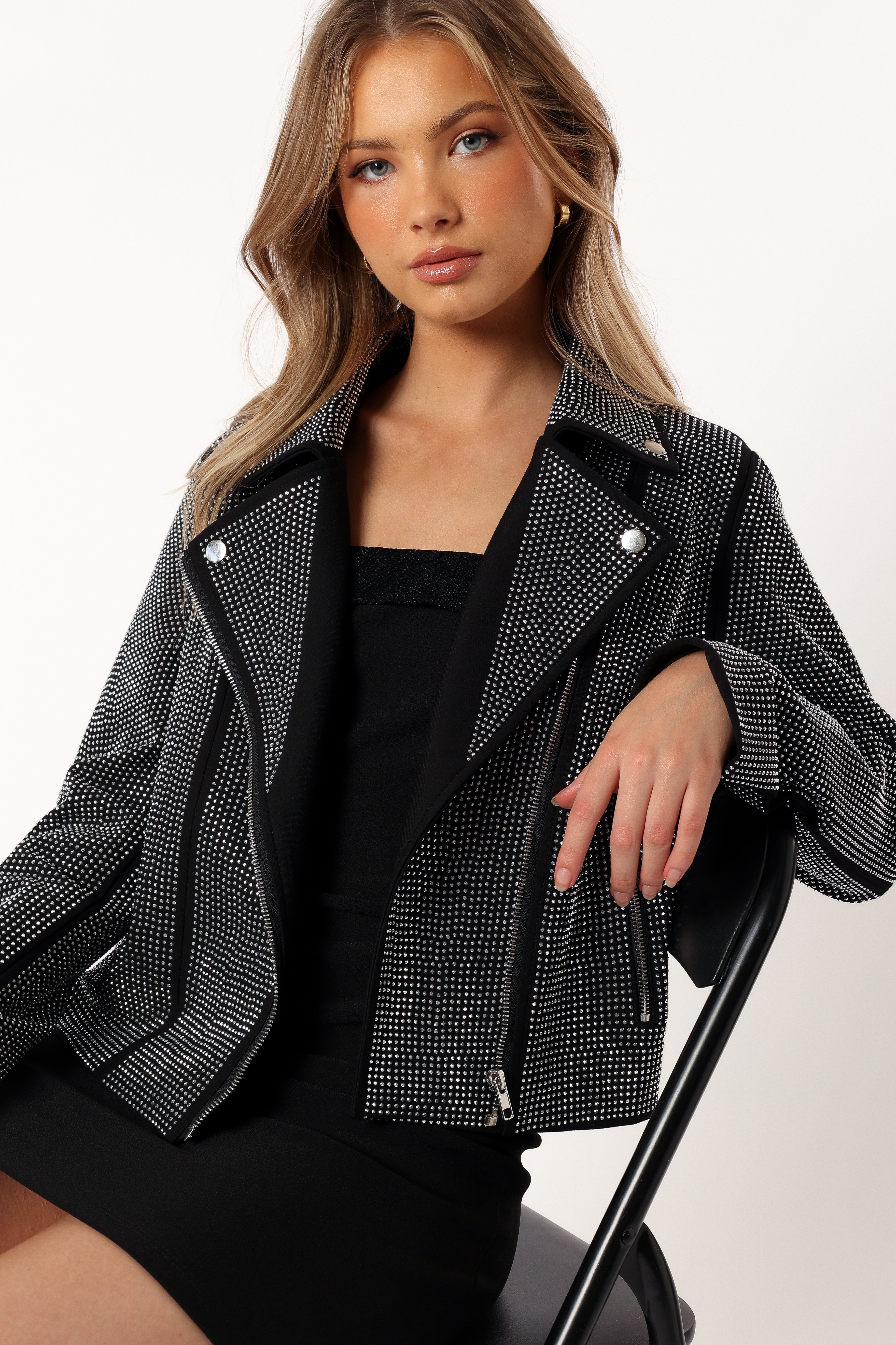 Elaina Crystal Studded Moto Jacket - Black