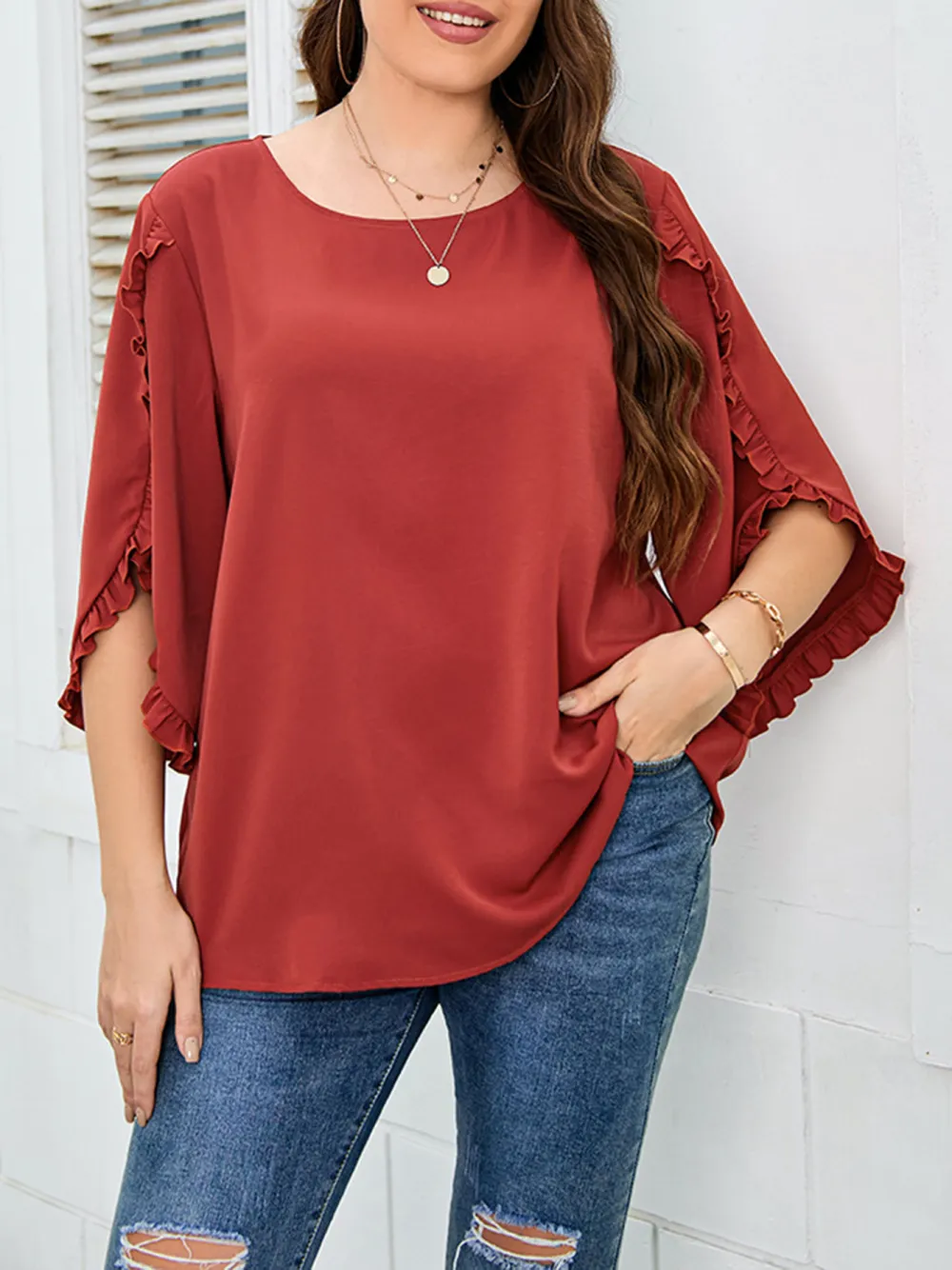 Women Casual Large Size Red Short Sleeve Loose Top