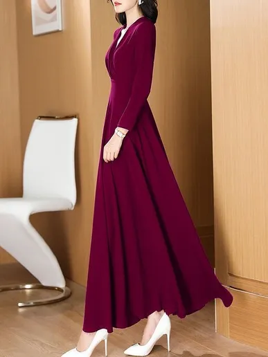 Women Plain V Neck Long Sleeve Comfy Casual Maxi Dress