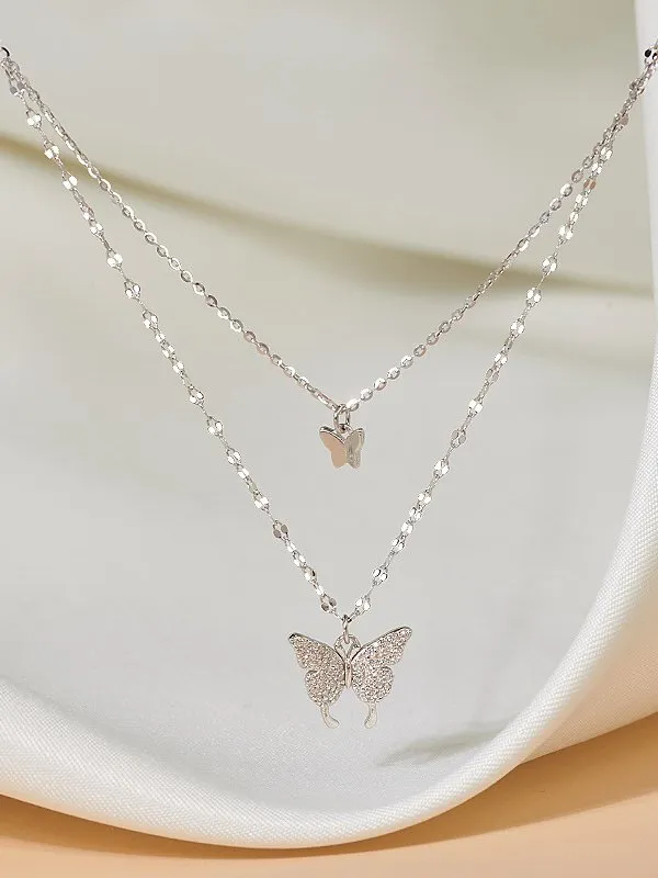 Everyday Silver Diamond Butterfly Layered Pendant Necklace Beach Vacation Party Jewelry