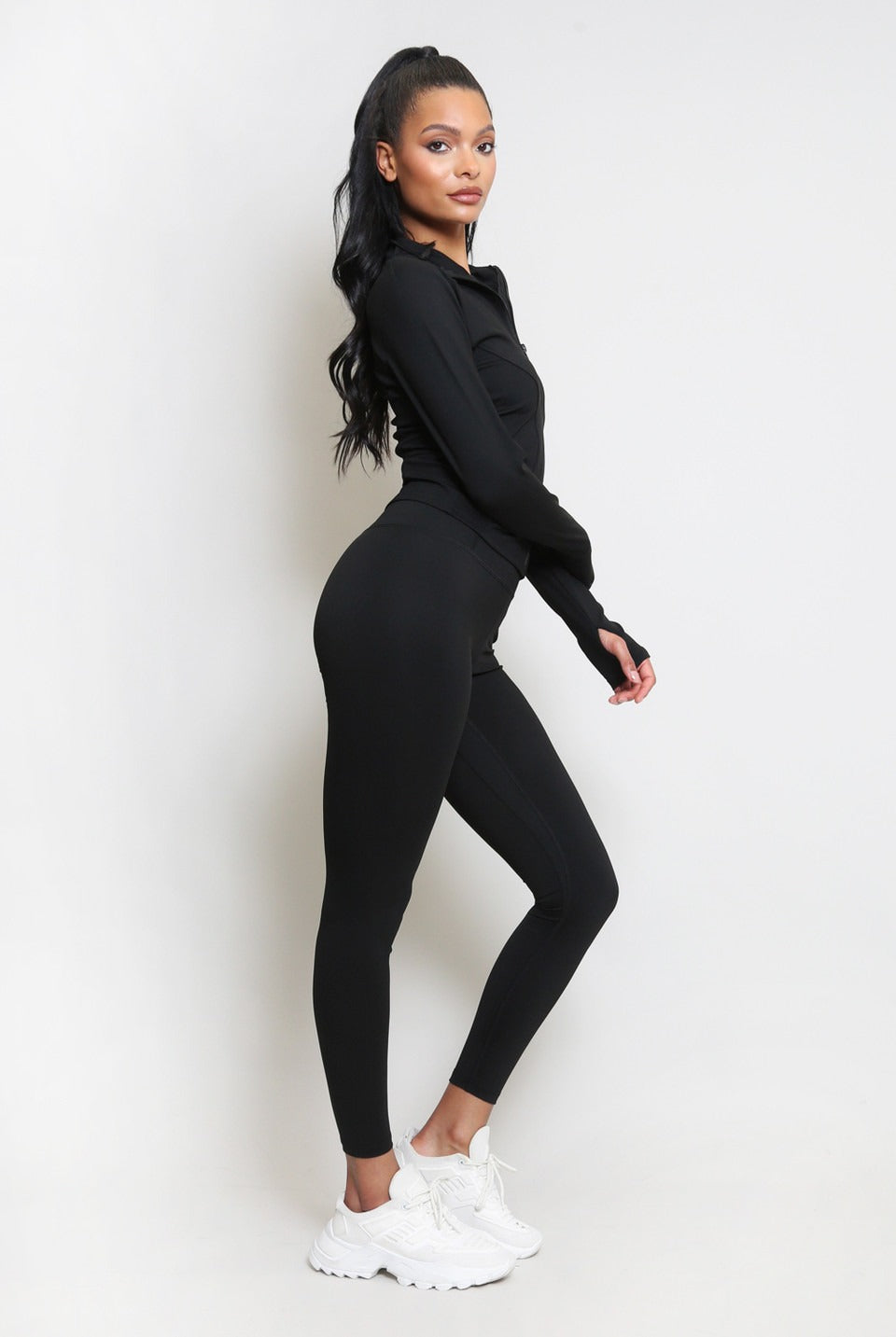 Black Zip Long Sleeve Top And Legging Energy Gym Set - Sadie