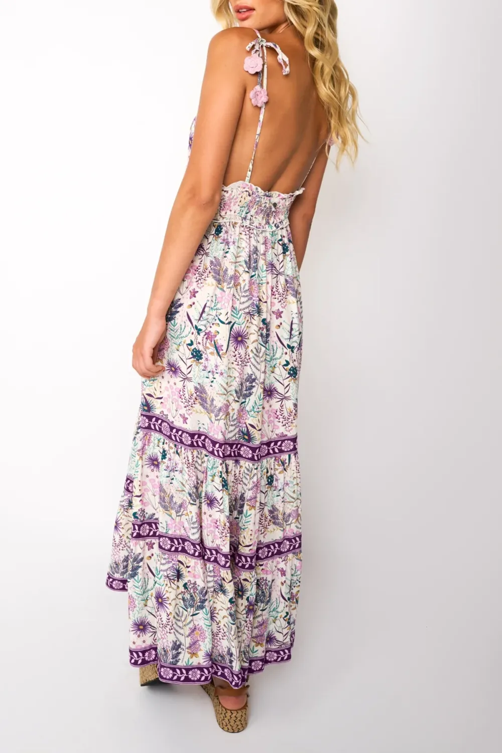 White And Purple Floral Print Maxi Dress