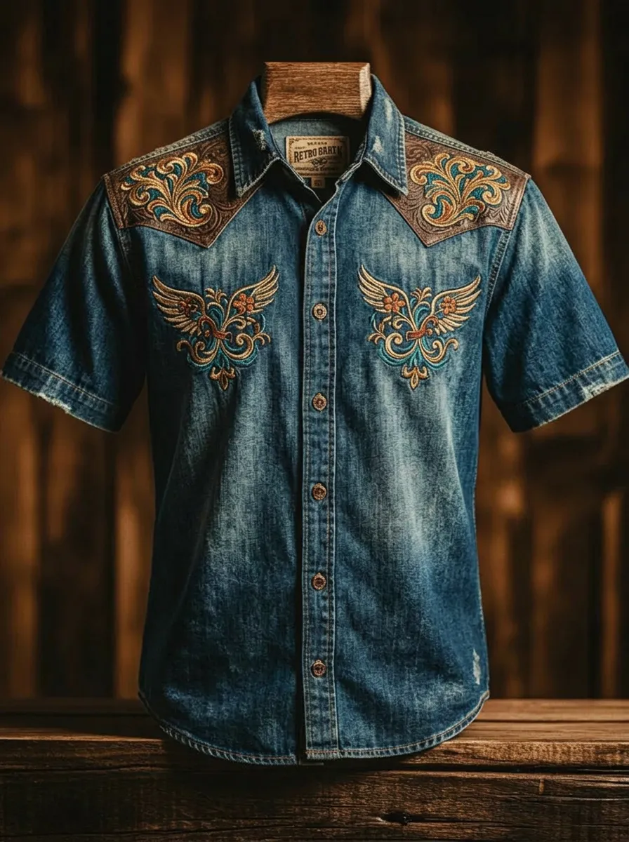 Men's Western Style Floral Wing Embroidered Denim Shirt